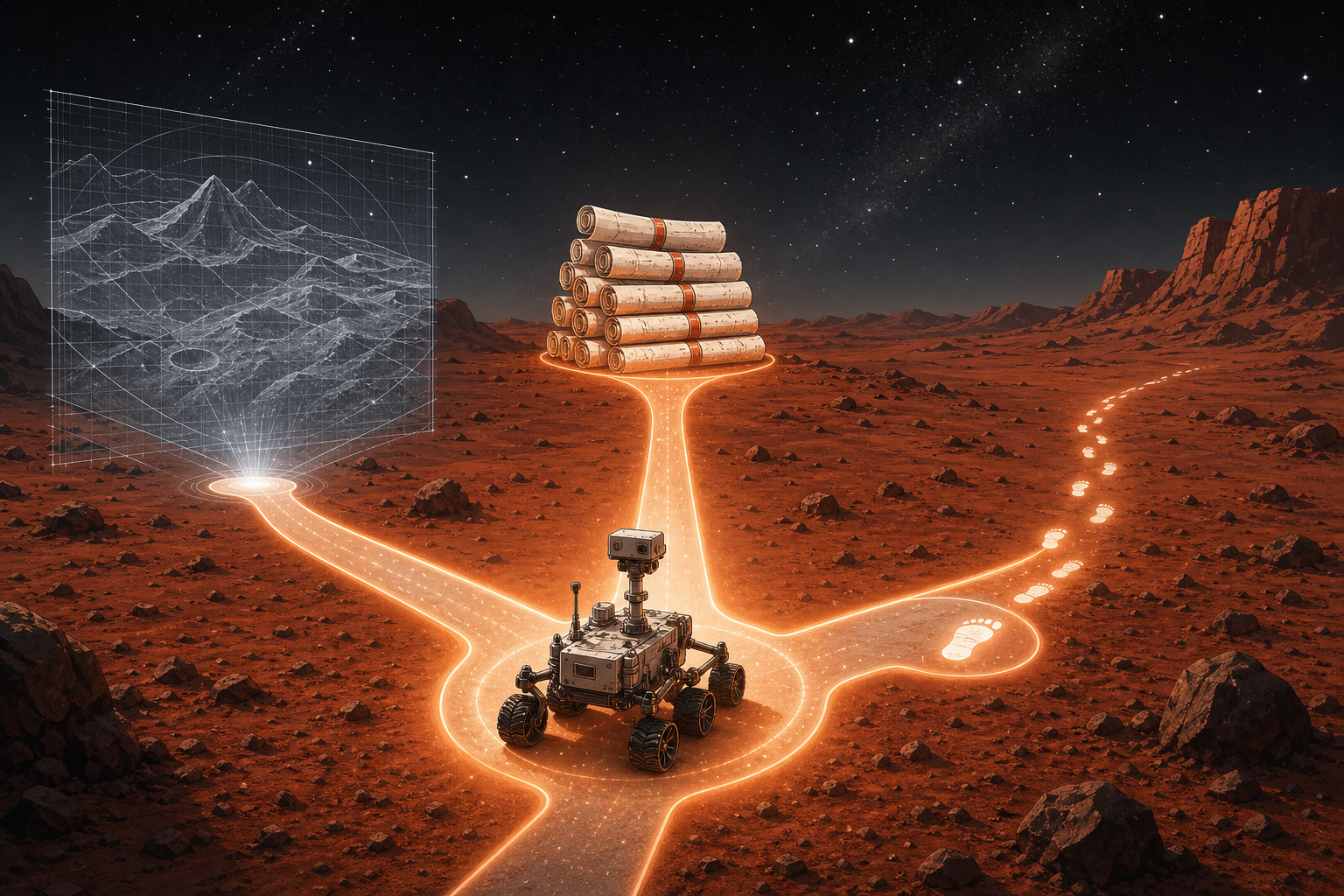 A Mars rover at a crossroads with three glowing paths: one toward a blueprint of the world, one toward a pile of completed mission logs, and one toward a single footstep into the unknown