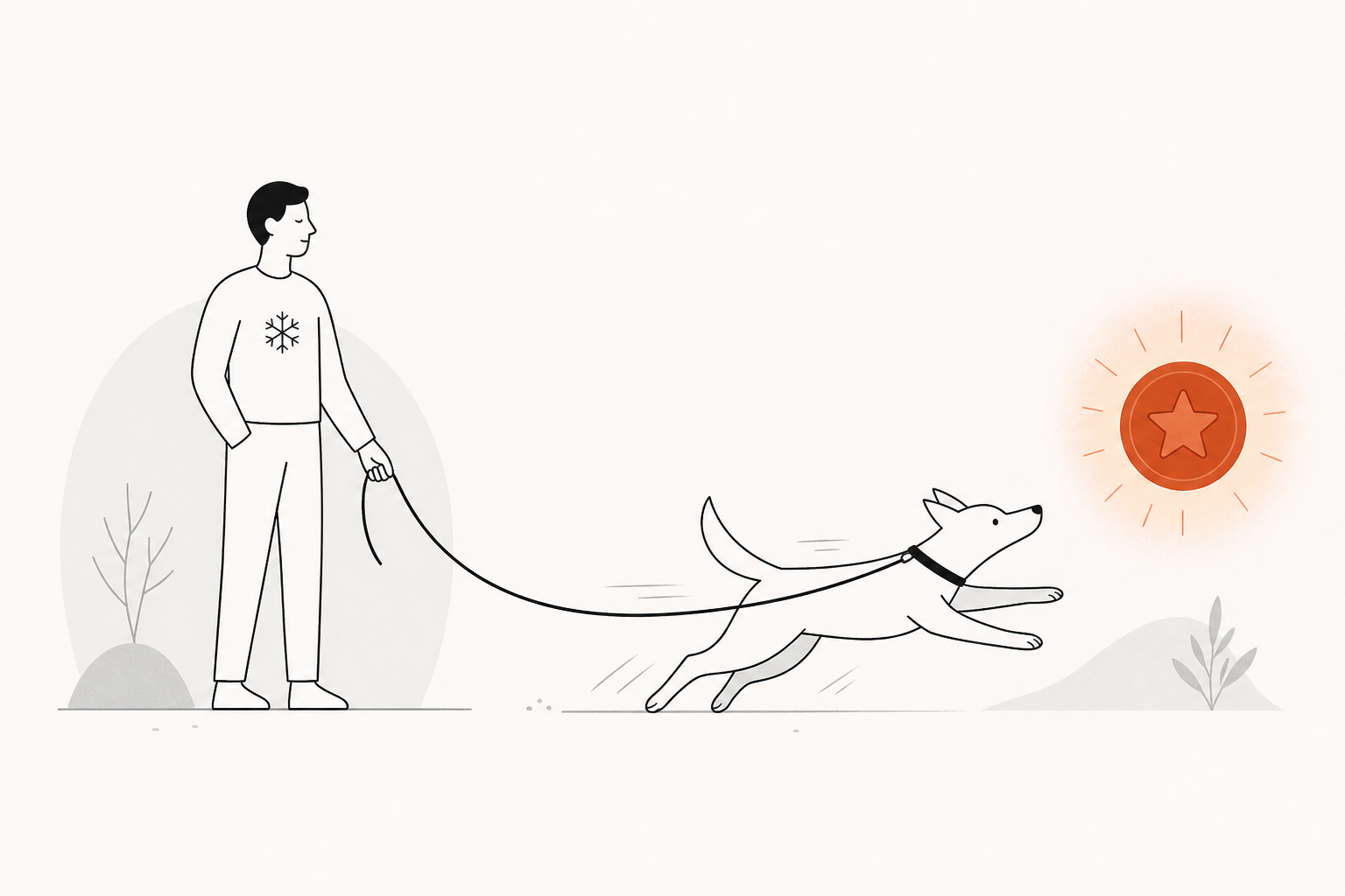 A frozen reference figure on the left holds a leash on an eager dog straining to the right toward a glowing terracotta reward coin, flat editorial style on warm paper, no text