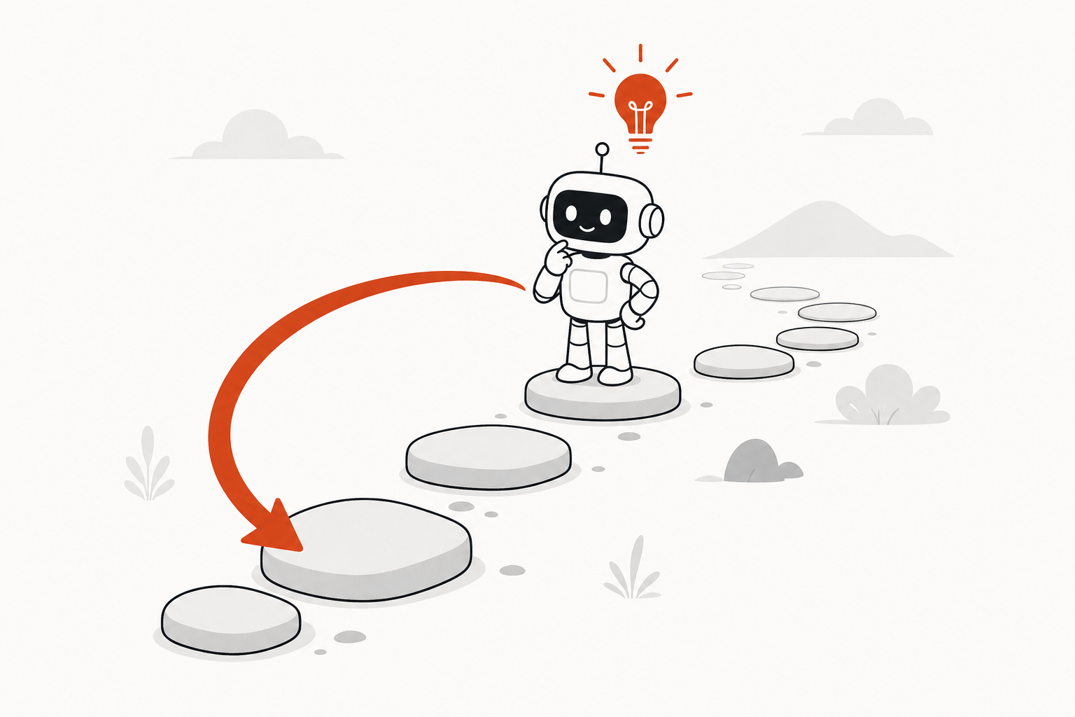 A small robot mid-thought on a path of stepping stones, with a large curved terracotta arrow looping backward to an earlier stone, depicting a self-correction backtrack, and a lightbulb above its head